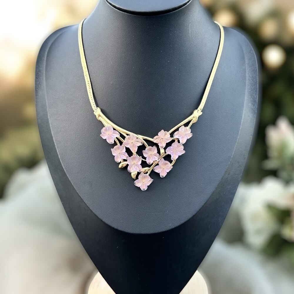 Crown Trifari Pink Lucite Floral Bib Necklace Molded Flowers Rare Choker Vintage